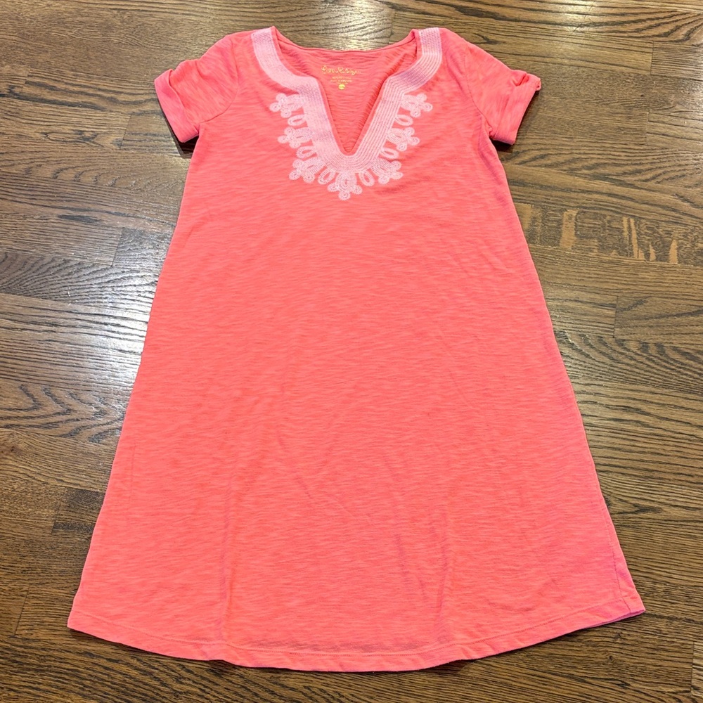 Lilly Pulitzer Maisy Coral Embroidered V-Neck Short Sleeve Dress, XXS